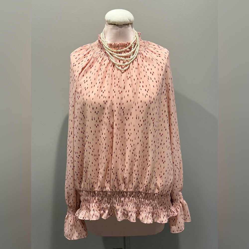 Worthington Pink Patterned Blouse with Ruffle/Smocked Hem